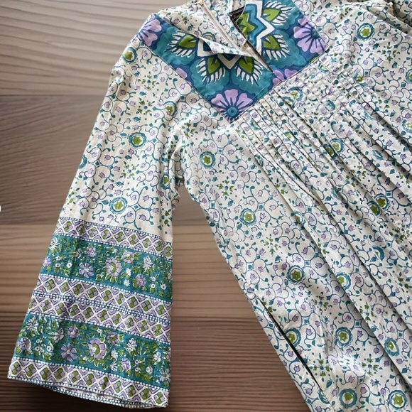 VTG RAMONA RULL Women's M White Blue Floral Cotton Kaftan Duster Dress w Pockets - Picture 5 of 12